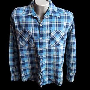 Vintage Large Skater Flannel Shirt 1970's Blue Plaid Button-Up Buttery OG Vato